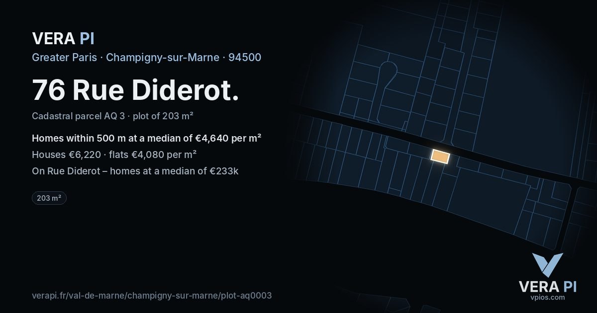 76 Rue Diderot, Champigny-sur-Marne at night – the plot lit, the parcels around coloured by the prices near them