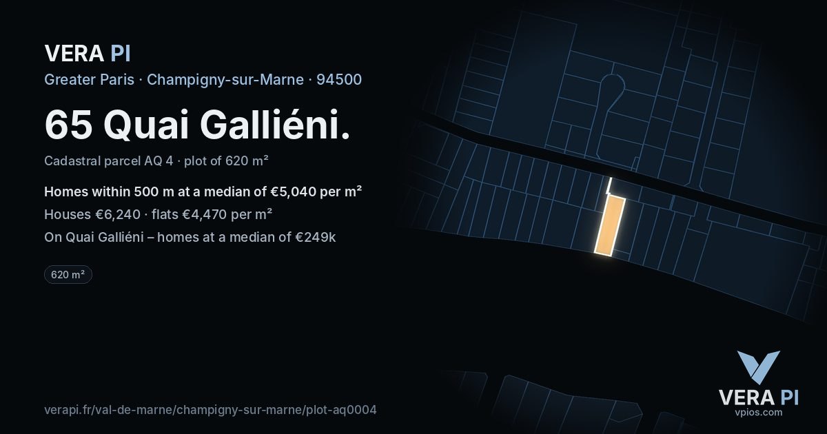 65 Quai Galliéni, Champigny-sur-Marne at night – the plot lit, the parcels around coloured by the prices near them