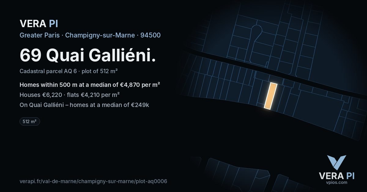 69 Quai Galliéni, Champigny-sur-Marne at night – the plot lit, the parcels around coloured by the prices near them