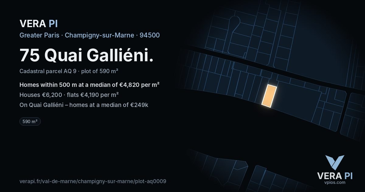 75 Quai Galliéni, Champigny-sur-Marne at night – the plot lit, the parcels around coloured by the prices near them