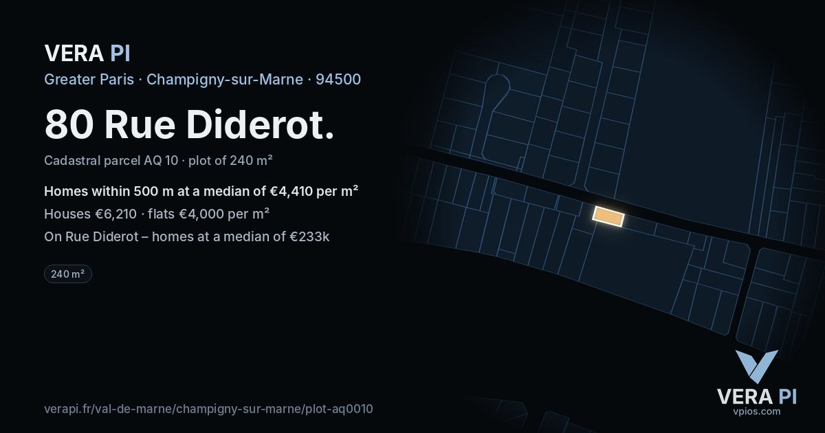 80 Rue Diderot, Champigny-sur-Marne at night – the plot lit, the parcels around coloured by the prices near them
