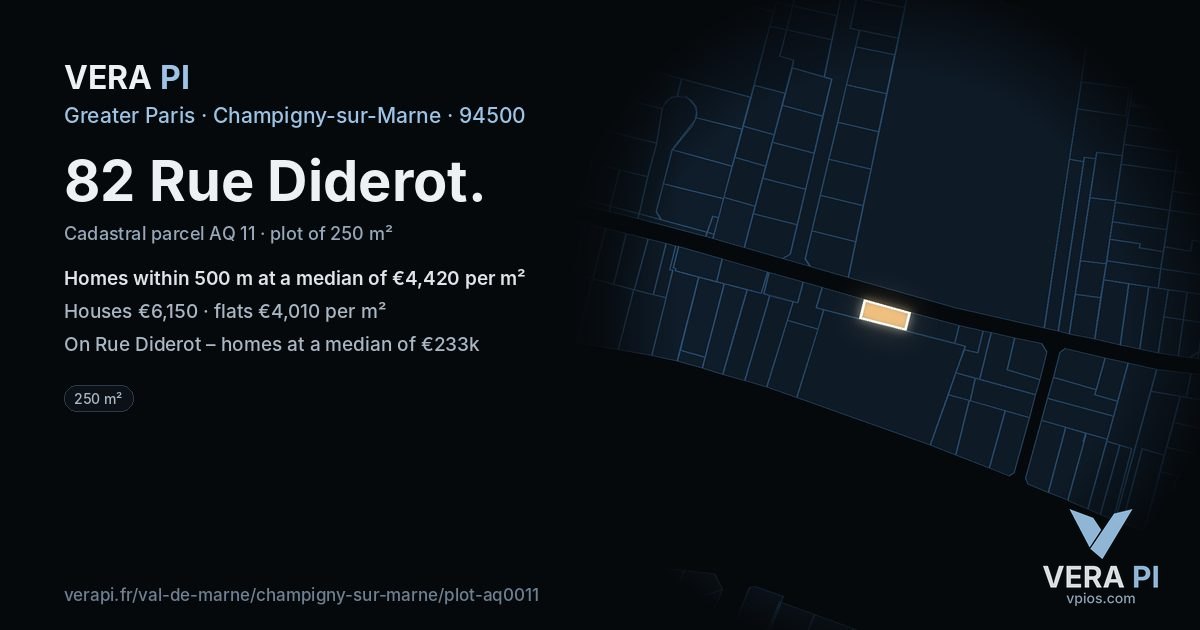 82 Rue Diderot, Champigny-sur-Marne at night – the plot lit, the parcels around coloured by the prices near them