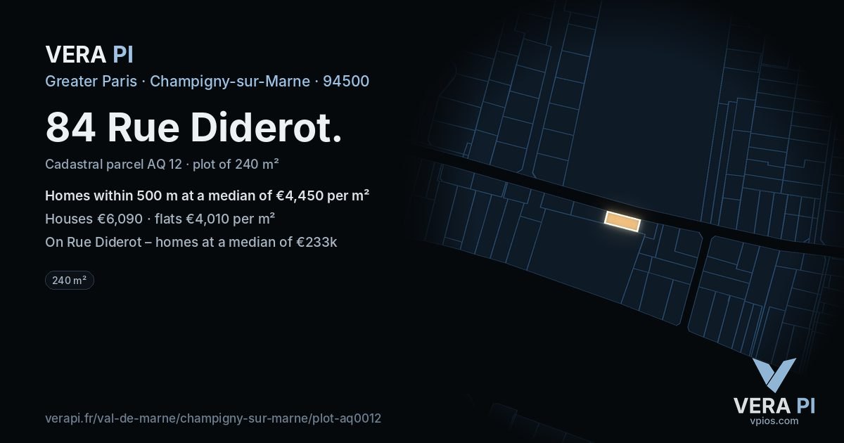 84 Rue Diderot, Champigny-sur-Marne at night – the plot lit, the parcels around coloured by the prices near them