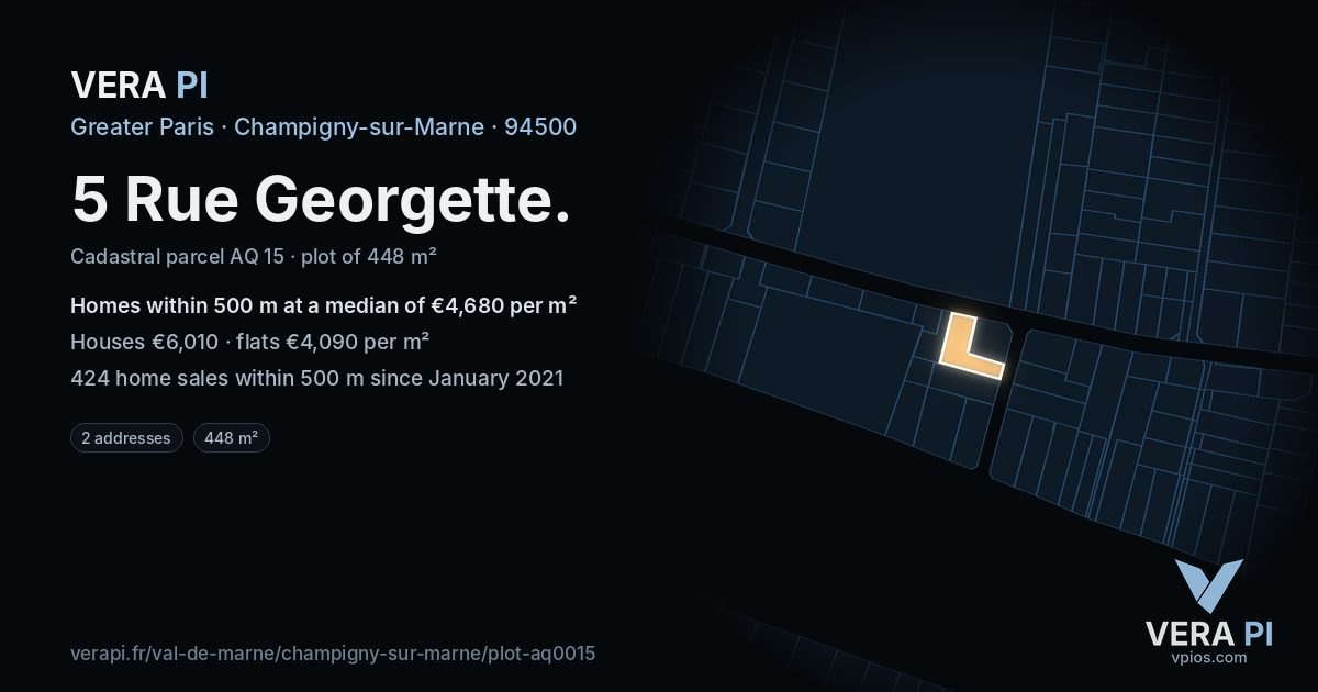 5 Rue Georgette, Champigny-sur-Marne at night – the plot lit, the parcels around coloured by the prices near them