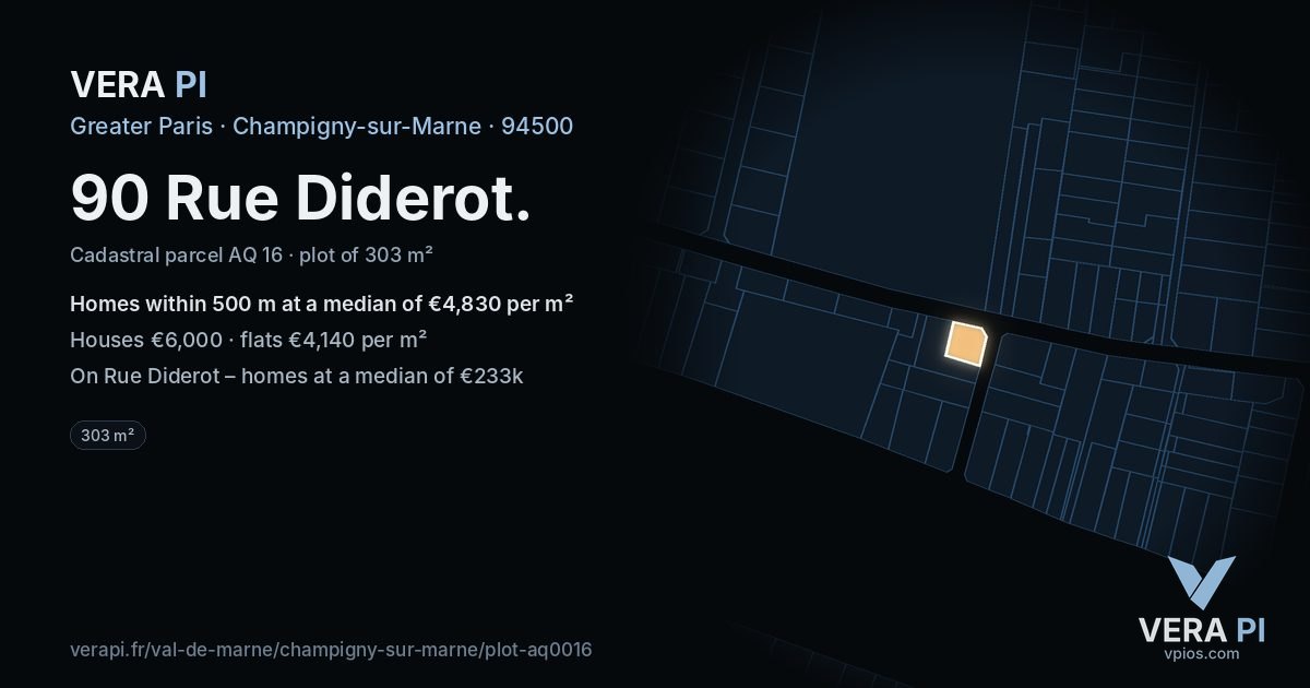 90 Rue Diderot, Champigny-sur-Marne at night – the plot lit, the parcels around coloured by the prices near them