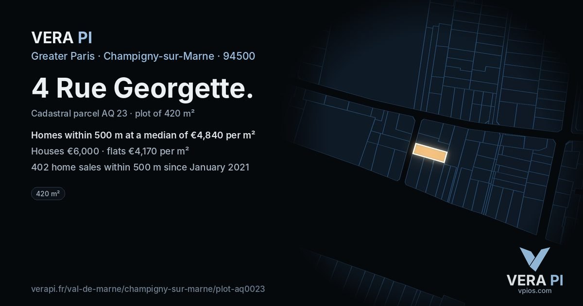 4 Rue Georgette, Champigny-sur-Marne at night – the plot lit, the parcels around coloured by the prices near them