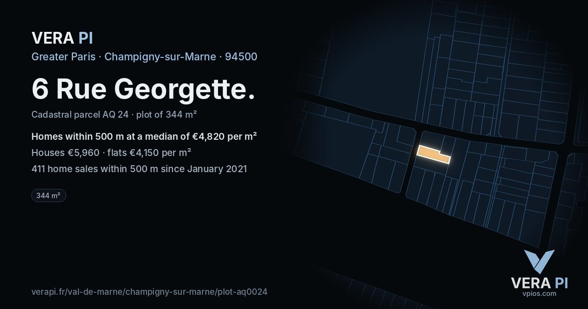 6 Rue Georgette, Champigny-sur-Marne at night – the plot lit, the parcels around coloured by the prices near them