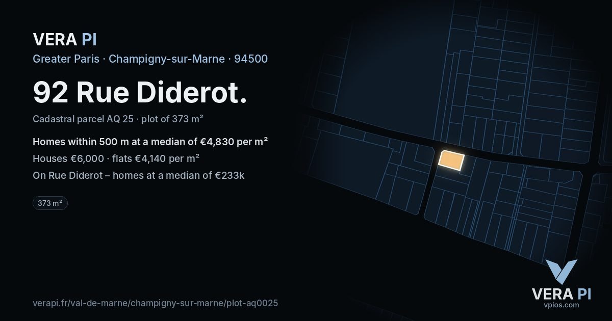 92 Rue Diderot, Champigny-sur-Marne at night – the plot lit, the parcels around coloured by the prices near them