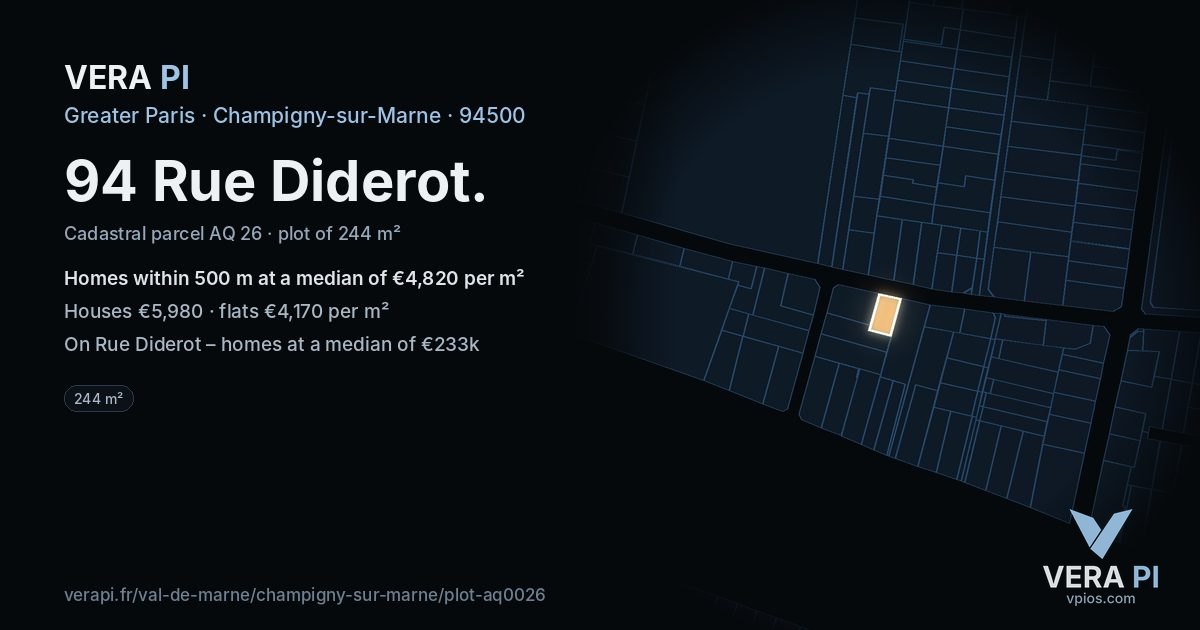 94 Rue Diderot, Champigny-sur-Marne at night – the plot lit, the parcels around coloured by the prices near them