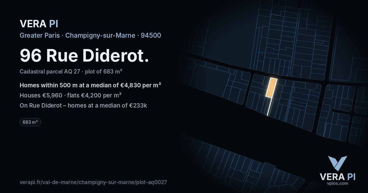 96 Rue Diderot, Champigny-sur-Marne at night – the plot lit, the parcels around coloured by the prices near them