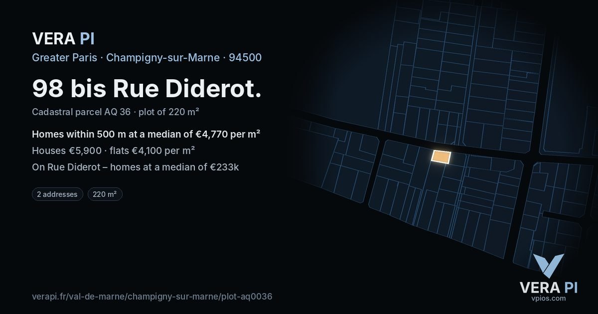 98 bis Rue Diderot, Champigny-sur-Marne at night – the plot lit, the parcels around coloured by the prices near them