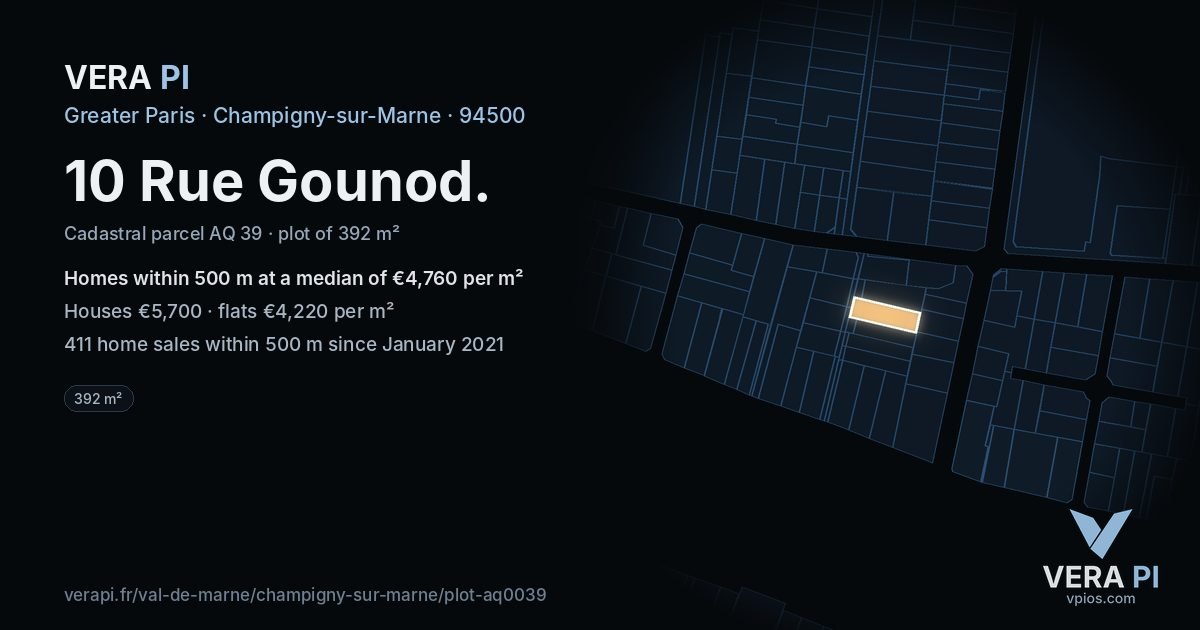 10 Rue Gounod, Champigny-sur-Marne at night – the plot lit, the parcels around coloured by the prices near them