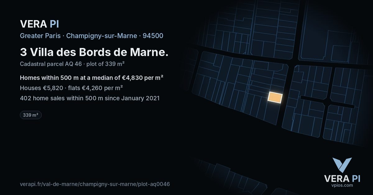 3 Villa des Bords de Marne, Champigny-sur-Marne at night – the plot lit, the parcels around coloured by the prices near them