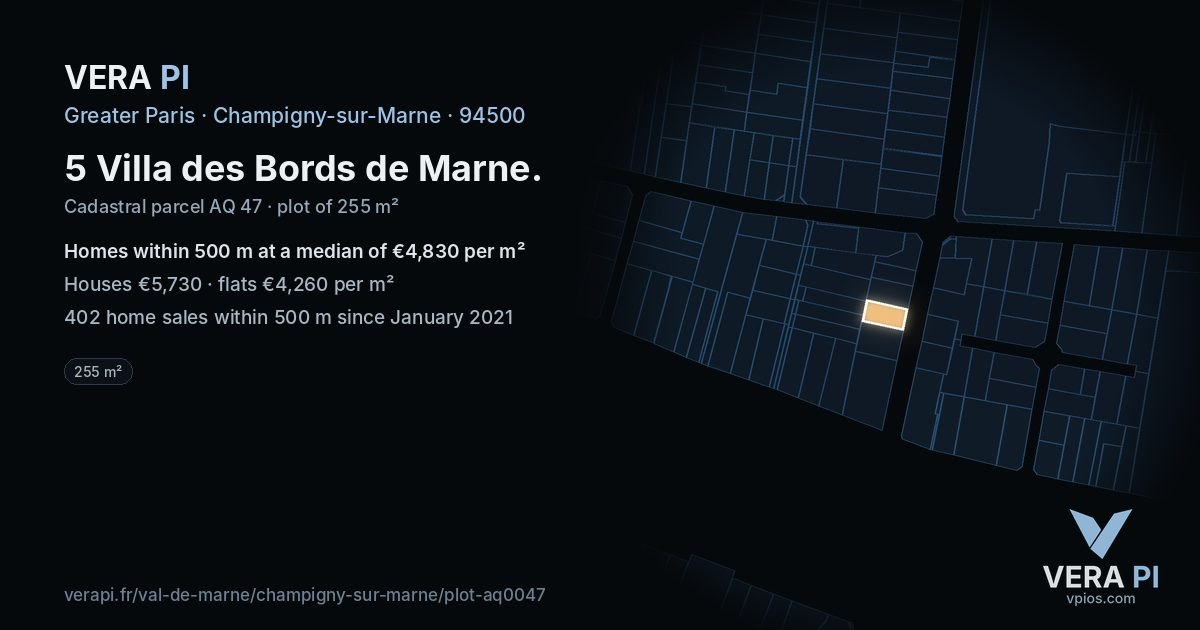 5 Villa des Bords de Marne, Champigny-sur-Marne at night – the plot lit, the parcels around coloured by the prices near them