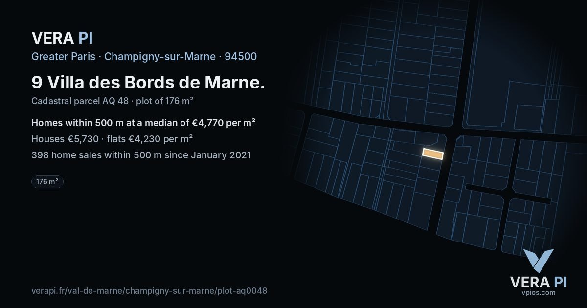 9 Villa des Bords de Marne, Champigny-sur-Marne at night – the plot lit, the parcels around coloured by the prices near them