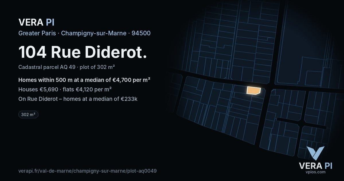 104 Rue Diderot, Champigny-sur-Marne at night – the plot lit, the parcels around coloured by the prices near them