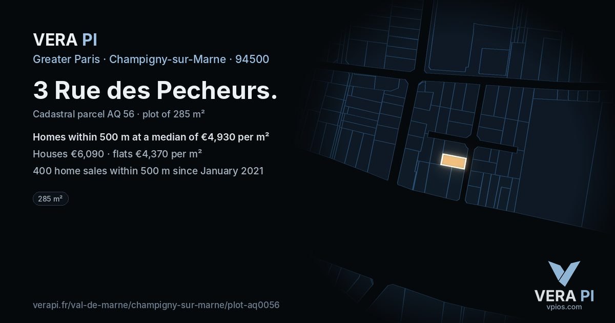 3 Rue des Pecheurs, Champigny-sur-Marne at night – the plot lit, the parcels around coloured by the prices near them