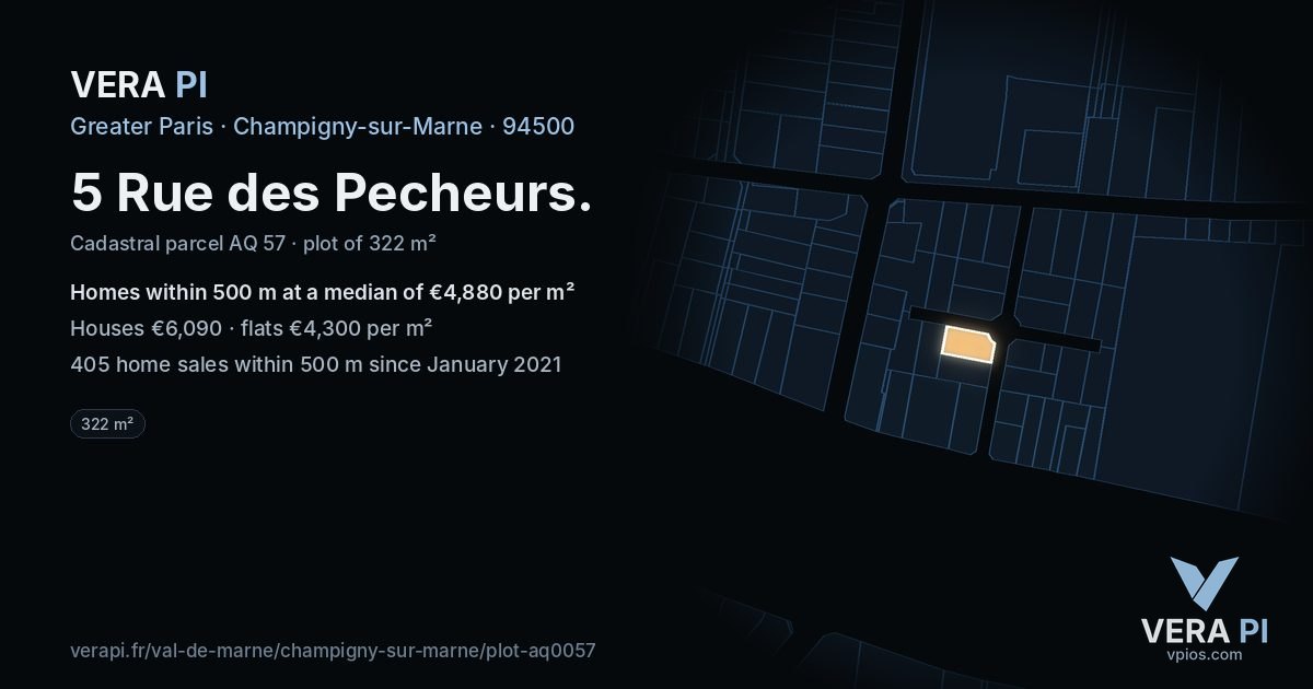 5 Rue des Pecheurs, Champigny-sur-Marne at night – the plot lit, the parcels around coloured by the prices near them