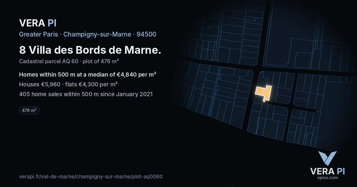 8 Villa des Bords de Marne, Champigny-sur-Marne at night – the plot lit, the parcels around coloured by the prices near them