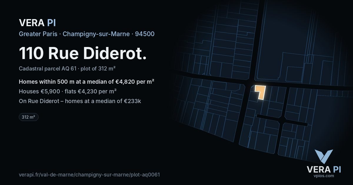 110 Rue Diderot, Champigny-sur-Marne at night – the plot lit, the parcels around coloured by the prices near them