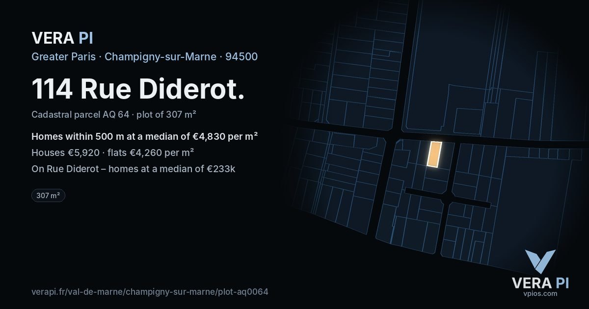 114 Rue Diderot, Champigny-sur-Marne at night – the plot lit, the parcels around coloured by the prices near them