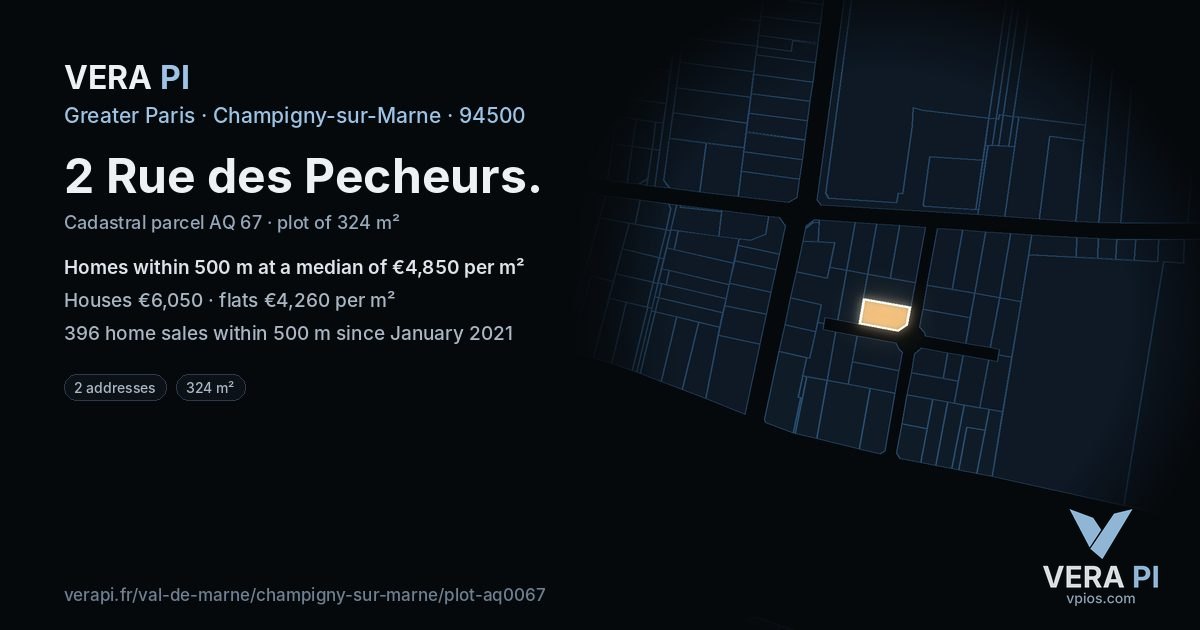 2 Rue des Pecheurs, Champigny-sur-Marne at night – the plot lit, the parcels around coloured by the prices near them