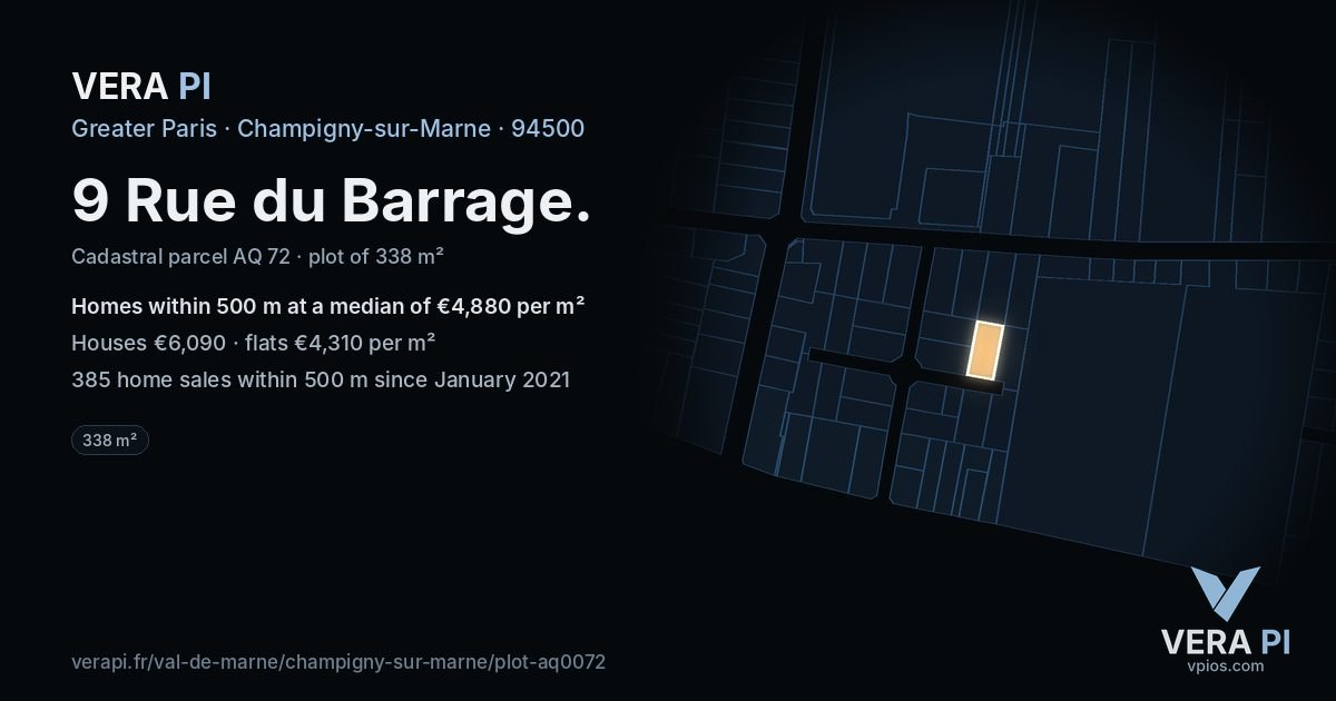 9 Rue du Barrage, Champigny-sur-Marne at night – the plot lit, the parcels around coloured by the prices near them