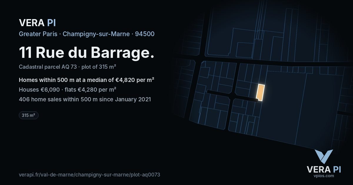 11 Rue du Barrage, Champigny-sur-Marne at night – the plot lit, the parcels around coloured by the prices near them