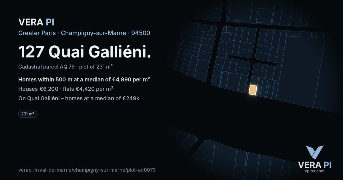 127 Quai Galliéni, Champigny-sur-Marne at night – the plot lit, the parcels around coloured by the prices near them