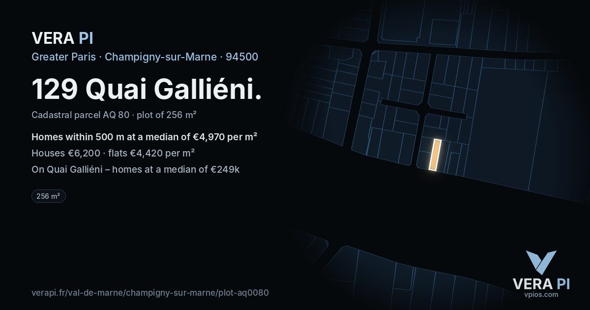 129 Quai Galliéni, Champigny-sur-Marne at night – the plot lit, the parcels around coloured by the prices near them