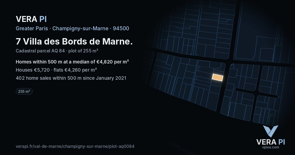 7 Villa des Bords de Marne, Champigny-sur-Marne at night – the plot lit, the parcels around coloured by the prices near them