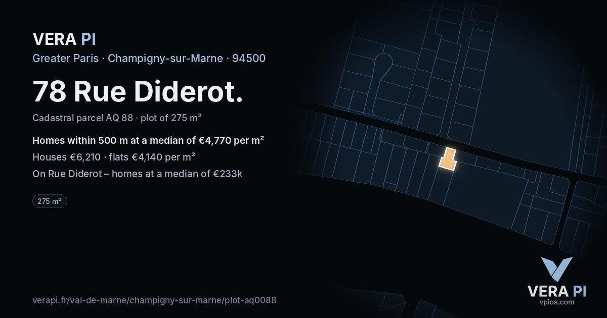 78 Rue Diderot, Champigny-sur-Marne at night – the plot lit, the parcels around coloured by the prices near them