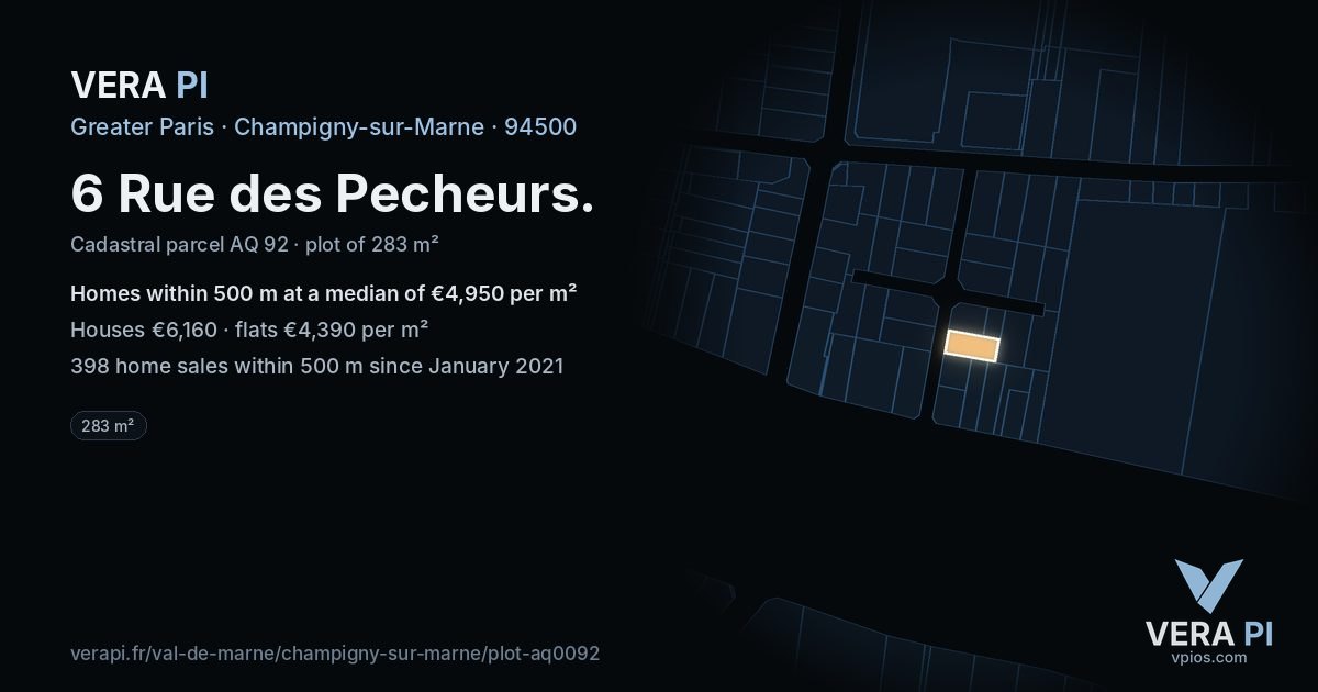 6 Rue des Pecheurs, Champigny-sur-Marne at night – the plot lit, the parcels around coloured by the prices near them
