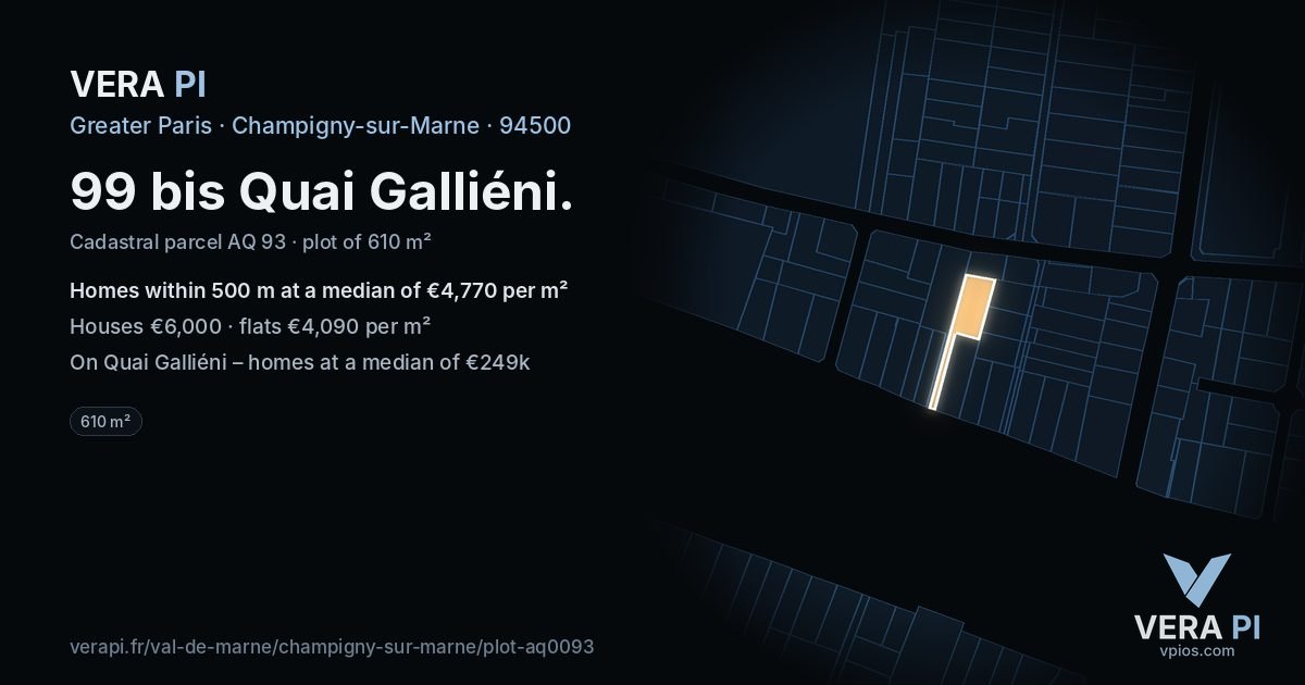 99 bis Quai Galliéni, Champigny-sur-Marne at night – the plot lit, the parcels around coloured by the prices near them