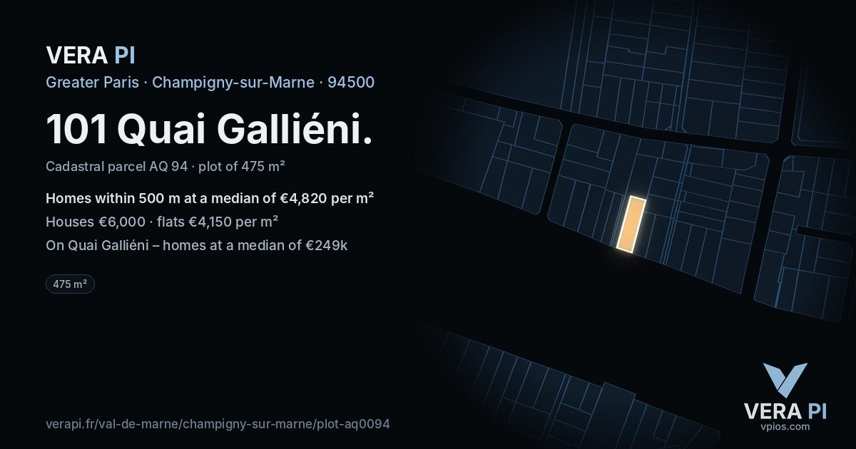 101 Quai Galliéni, Champigny-sur-Marne at night – the plot lit, the parcels around coloured by the prices near them