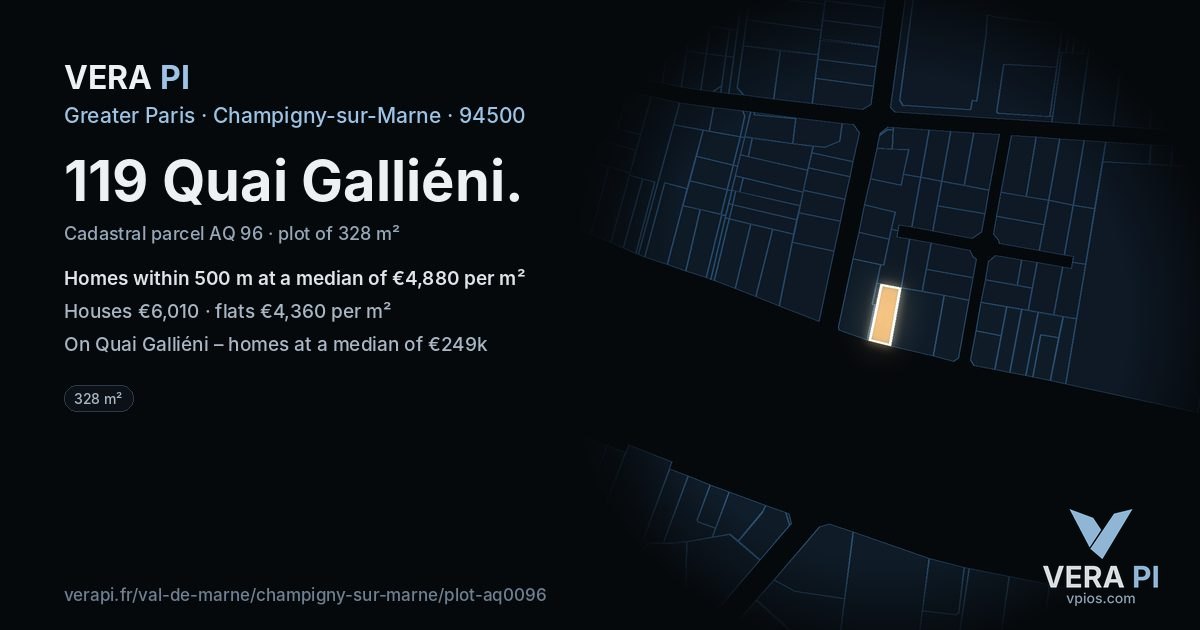 119 Quai Galliéni, Champigny-sur-Marne at night – the plot lit, the parcels around coloured by the prices near them