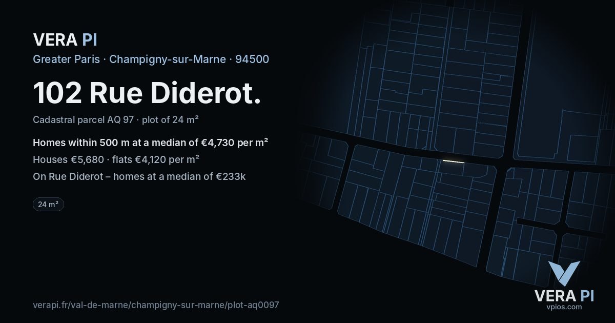102 Rue Diderot, Champigny-sur-Marne at night – the plot lit, the parcels around coloured by the prices near them