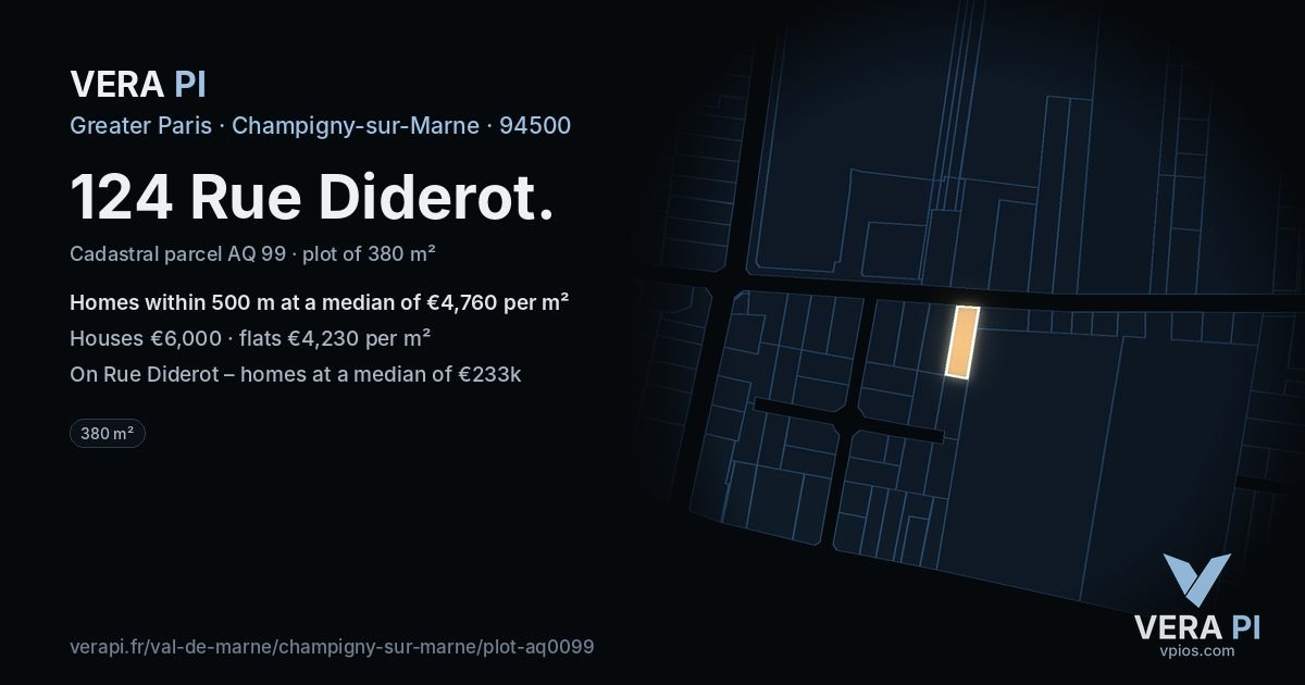 124 Rue Diderot, Champigny-sur-Marne at night – the plot lit, the parcels around coloured by the prices near them