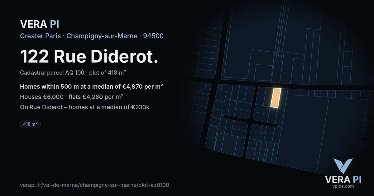 122 Rue Diderot, Champigny-sur-Marne at night – the plot lit, the parcels around coloured by the prices near them
