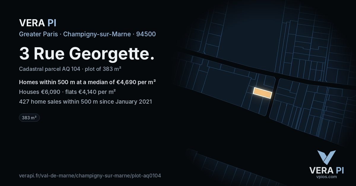 3 Rue Georgette, Champigny-sur-Marne at night – the plot lit, the parcels around coloured by the prices near them