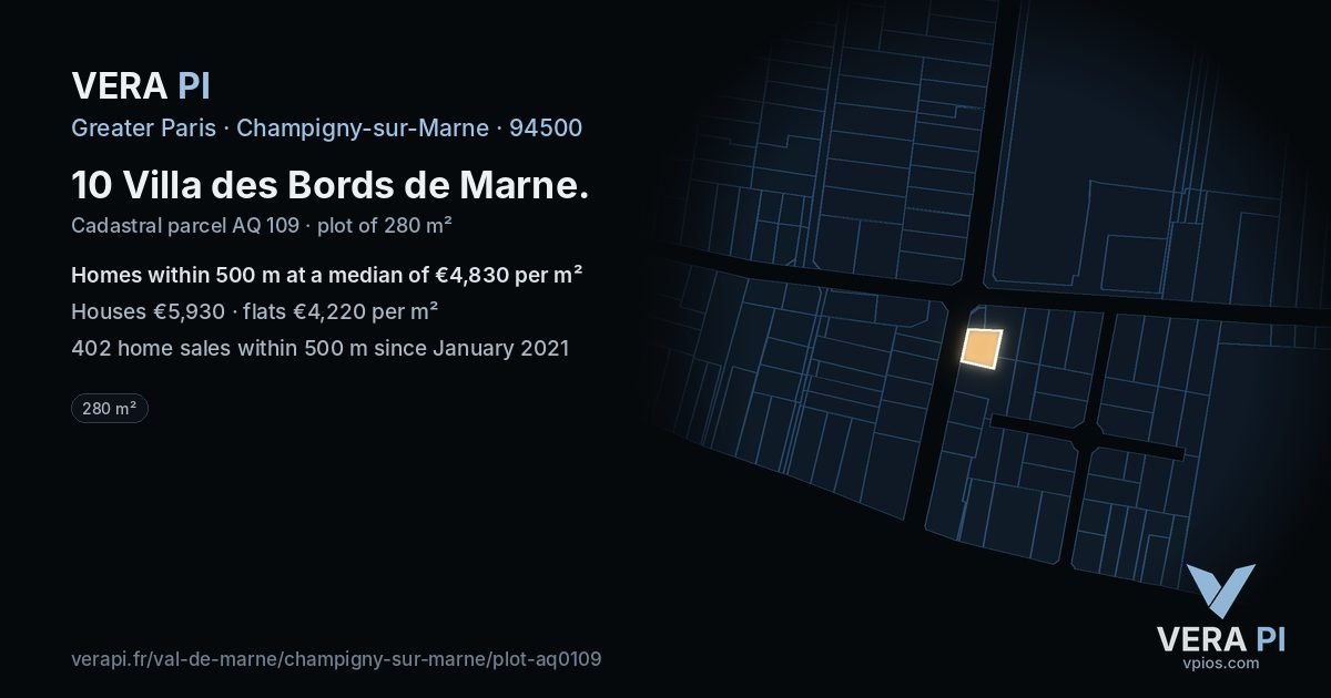 10 Villa des Bords de Marne, Champigny-sur-Marne at night – the plot lit, the parcels around coloured by the prices near them
