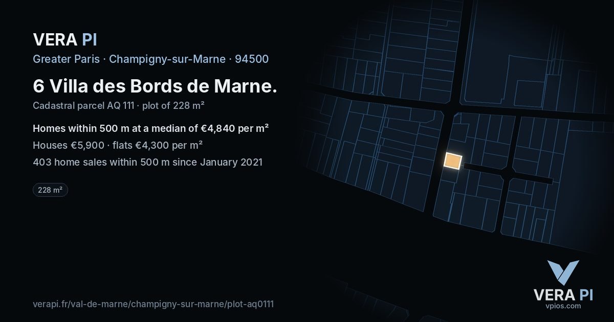 6 Villa des Bords de Marne, Champigny-sur-Marne at night – the plot lit, the parcels around coloured by the prices near them