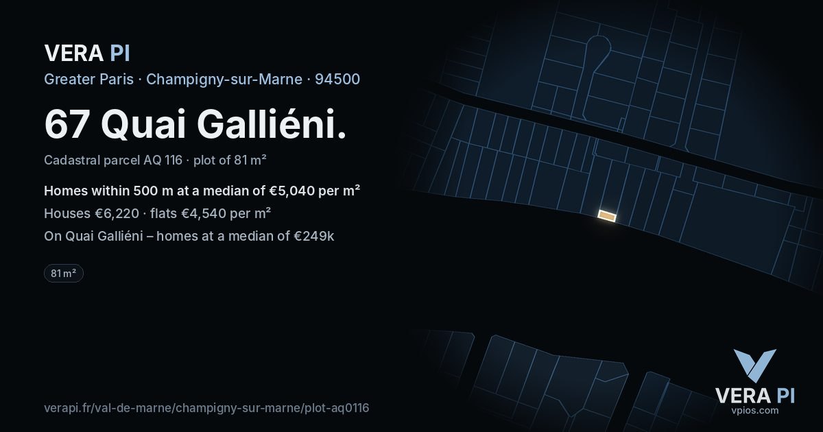 67 Quai Galliéni, Champigny-sur-Marne at night – the plot lit, the parcels around coloured by the prices near them