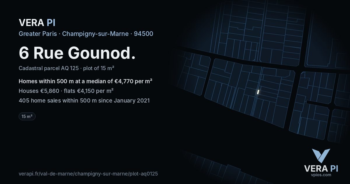 6 Rue Gounod, Champigny-sur-Marne at night – the plot lit, the parcels around coloured by the prices near them