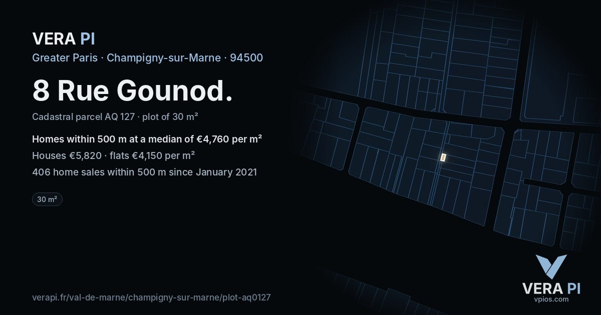 8 Rue Gounod, Champigny-sur-Marne at night – the plot lit, the parcels around coloured by the prices near them