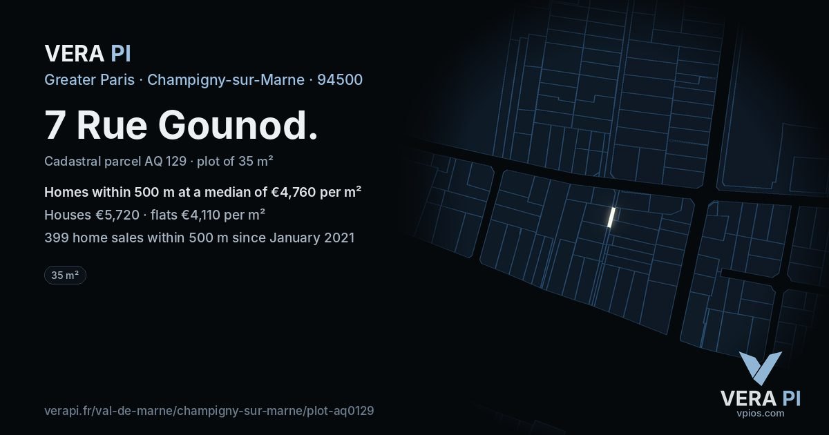 7 Rue Gounod, Champigny-sur-Marne at night – the plot lit, the parcels around coloured by the prices near them