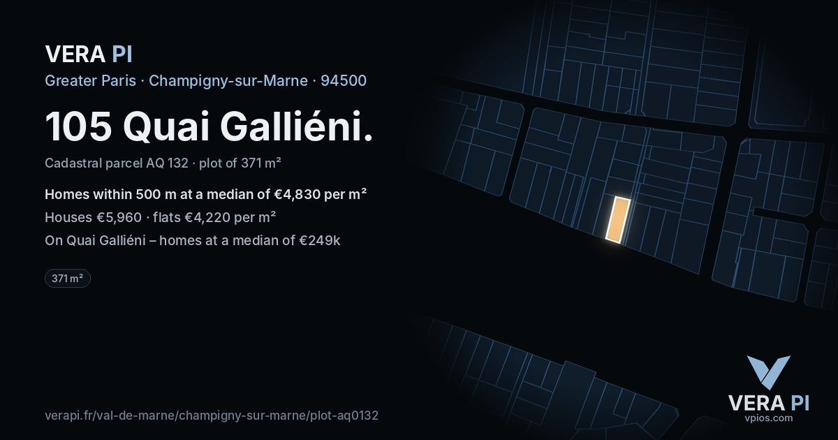 105 Quai Galliéni, Champigny-sur-Marne at night – the plot lit, the parcels around coloured by the prices near them