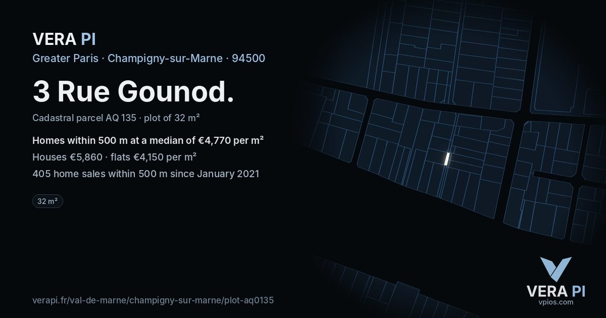 3 Rue Gounod, Champigny-sur-Marne at night – the plot lit, the parcels around coloured by the prices near them