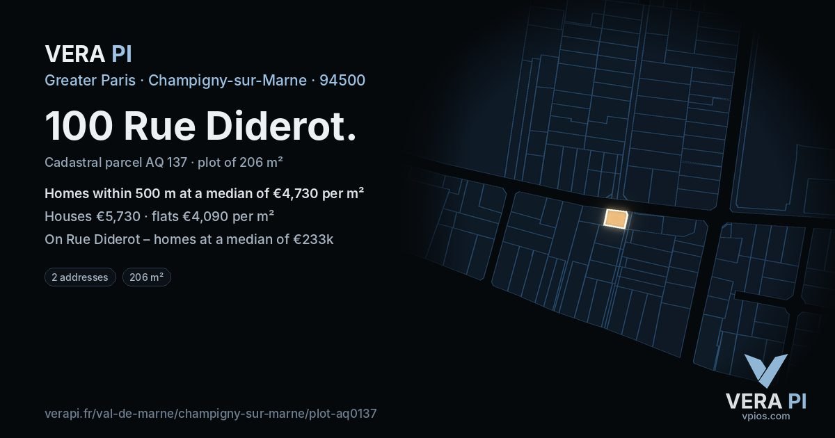 100 Rue Diderot, Champigny-sur-Marne at night – the plot lit, the parcels around coloured by the prices near them