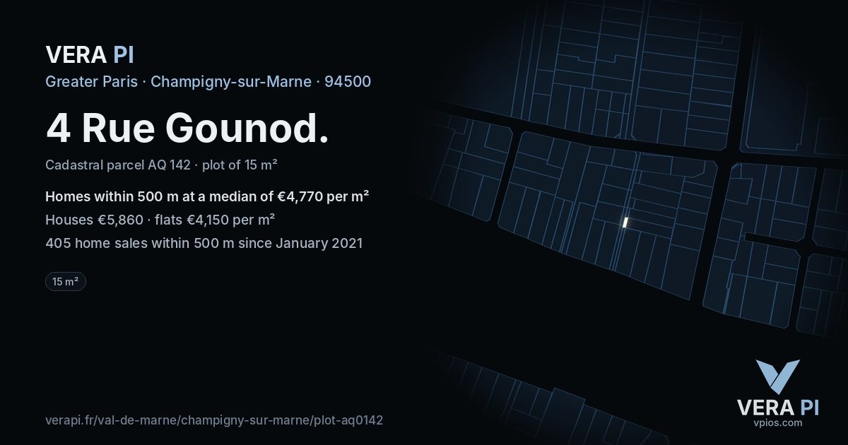 4 Rue Gounod, Champigny-sur-Marne at night – the plot lit, the parcels around coloured by the prices near them